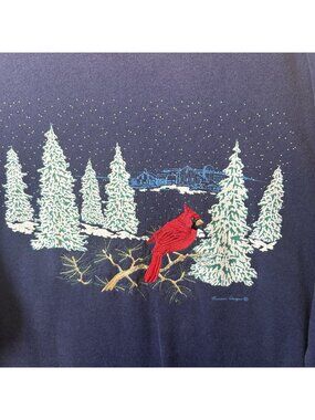 Vintage Pleasant Shade Sweatshirt Medium Navy Cardinal Winter Scene Christmas